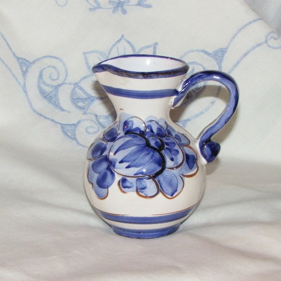 Blue & White Hand Painted Pottery Pitcher Small 4" Floral Decorative Folkart - Picture 1 of 8